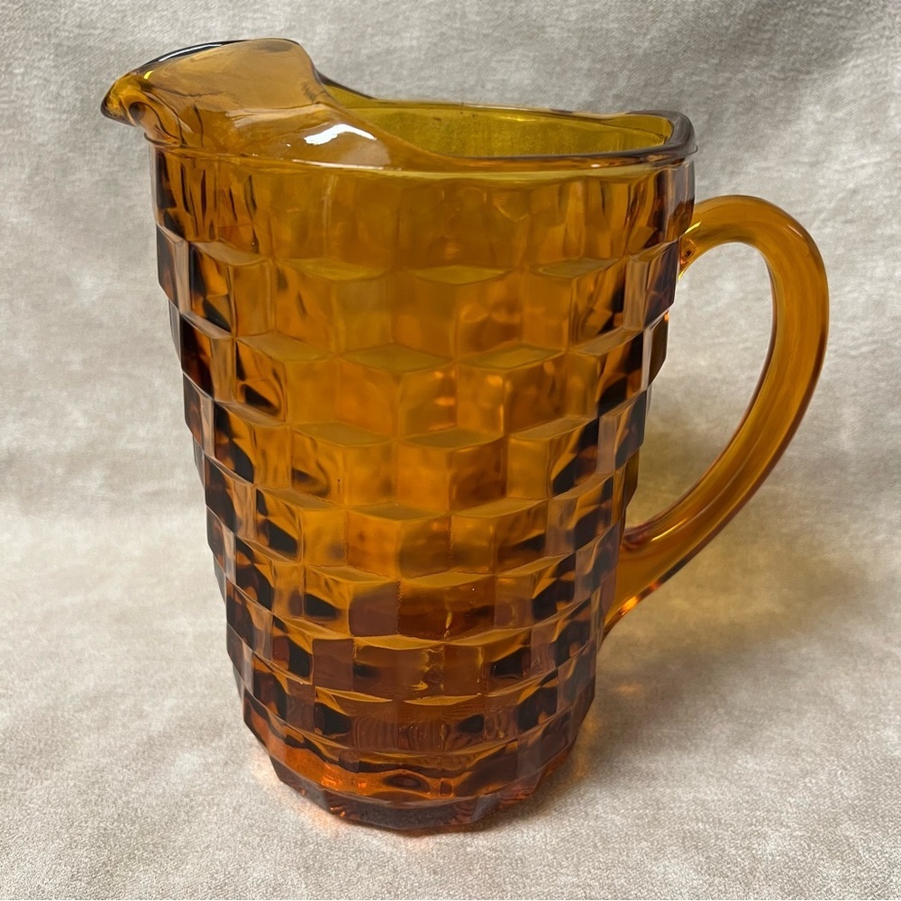 VTG Amber/Brown Indiana Glass Pitcher Cubist 8.5"T Boho 60's 70's Style